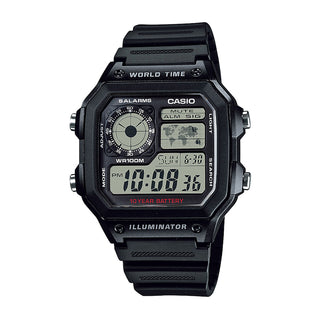 Casio Digital AE1200WH-1A black watch with world map, LED light, and multiple alarms.