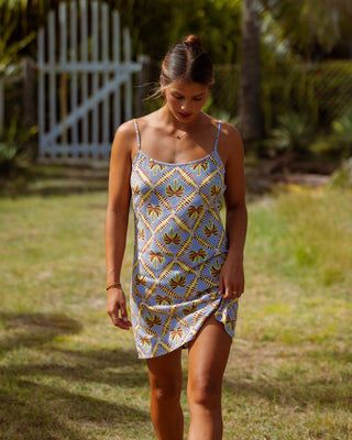 Billabong Tidal Crush Mini Dress in Twilight Blue, viscose poplin with front hem split and metal logo plate detail.