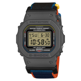 G-SHOCK DW5600MNC8A2 digital watch with gray bio-based resin case, stretch cloth band, and colorful accent details.