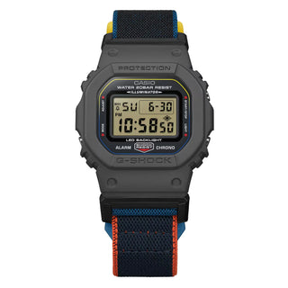 G-SHOCK DW5600MNC8A2 digital watch with gray bio-based resin case, stretch cloth band, and colorful accent details.