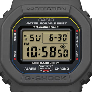 G-SHOCK DW5600MNC8A2 digital watch with gray bio-based resin case, stretch cloth band, and colorful accent details.