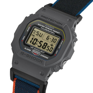 G-SHOCK DW5600MNC8A2 digital watch with gray bio-based resin case, stretch cloth band, and colorful accent details.