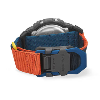 G-SHOCK DW5600MNC8A2 digital watch with gray bio-based resin case, stretch cloth band, and colorful accent details.