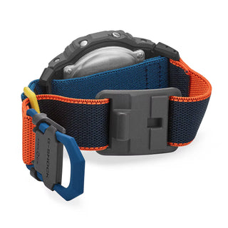 G-SHOCK DW5600MNC8A2 digital watch with gray bio-based resin case, stretch cloth band, and colorful accent details.