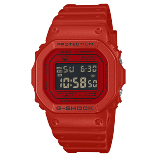 Red G-Shock DW5600RRB-4 digital watch with square case, matching red band and bezel, and black display accents.