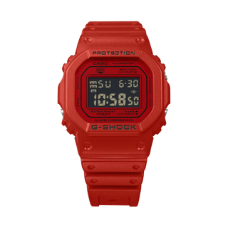 Red G-Shock DW5600RRB-4 digital watch with square case, matching red band and bezel, and black display accents.