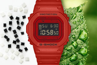 Red G-Shock DW5600RRB-4 digital watch with square case, matching red band and bezel, and black display accents.