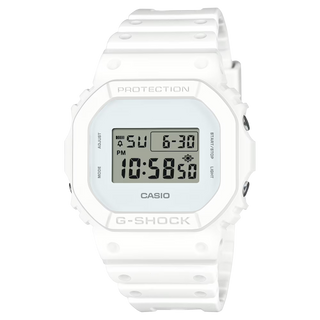 "G-Shock DW5600WW-7 in all-white — monochromatic white-on-white case, bezel, band, and watch glass"
