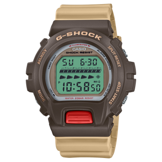 G-SHOCK DW6600PC-5 watch - Retro design in sepia, off-white, and gray tones, large case, 1/100-second stopwatch, LED backlight.