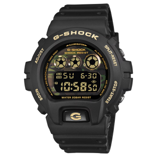 "G-Shock DW6900CF-1 Bold Camo Gold Watch — black bezel and band, camo dial with gold vapor deposition accents, classic 6900 silhouette"