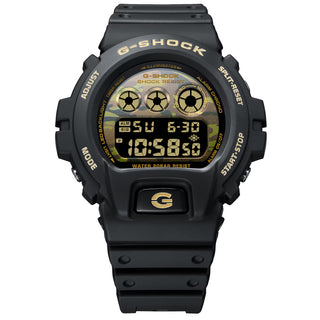 "G-Shock DW6900CF-1 Bold Camo Gold Watch — black bezel and band, camo dial with gold vapor deposition accents, classic 6900 silhouette"