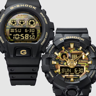 "G-Shock GA700CF-1A Bold Camo Gold Watch — large GA-700 bold case, raised bar indexes, black bezel and band, camo dial with gold vapor deposition watch hands"