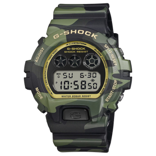 "G-Shock DW6900CMG-3 Bold Camo Gold Watch — MAP printed camo bezel and band, iconic G-mark, classic 6900 silhouette"