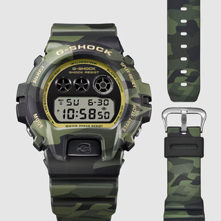 "G-Shock DW6900CMG-3 Bold Camo Gold Watch — MAP printed camo bezel and band, iconic G-mark, classic 6900 silhouette"