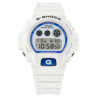 G-SHOCK DW-6900HDS-7 in white with glowing blue face and marine-inspired details.