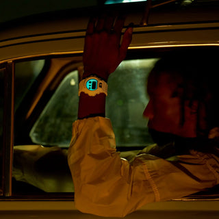 G-SHOCK DW-6900HDS-7 in white with glowing blue face and marine-inspired details.