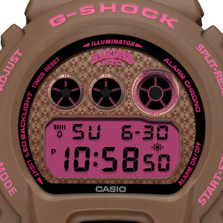 G-SHOCK DW6900HH-5 Hardies NYC watch in brown with purple and gold accents - shock resistant digital watch with LED backlight and 200m water resistance