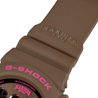 G-SHOCK DW6900HH-5 Hardies NYC watch in brown with purple and gold accents - shock resistant digital watch with LED backlight and 200m water resistance