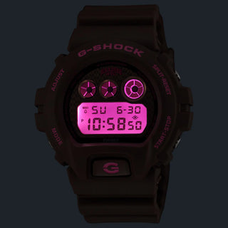 G-SHOCK DW6900HH-5 Hardies NYC watch in brown with purple and gold accents - shock resistant digital watch with LED backlight and 200m water resistance