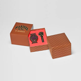 G-SHOCK DW6900HH-5 Hardies NYC watch in brown with purple and gold accents - shock resistant digital watch with LED backlight and 200m water resistance