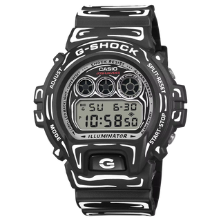 G-SHOCK DW6900JV-1 x Joshua Vides in Black with hand-drawn monochrome comic-style graphics on dial, bezel, and resin band, hidden Cone motif backlight, shock resistance, and 200-meter water resistance