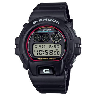 G-SHOCK DW6900RL-1 watch with iconic red, blue, and yellow color scheme, shock resistant bio-based resin construction, 200m water resistance, LED backlight, and multi-function features