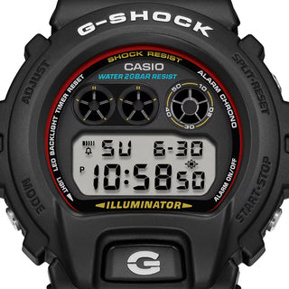G-SHOCK DW6900RL-1 watch with iconic red, blue, and yellow color scheme, shock resistant bio-based resin construction, 200m water resistance, LED backlight, and multi-function features