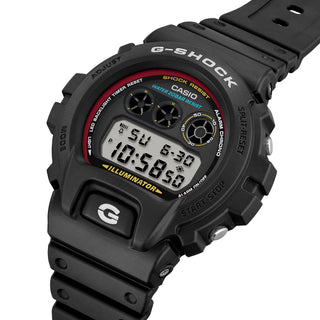 G-SHOCK DW6900RL-1 watch with iconic red, blue, and yellow color scheme, shock resistant bio-based resin construction, 200m water resistance, LED backlight, and multi-function features