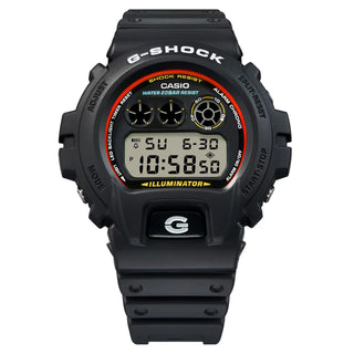 G-SHOCK DW6900RL-1 watch with iconic red, blue, and yellow color scheme, shock resistant bio-based resin construction, 200m water resistance, LED backlight, and multi-function features
