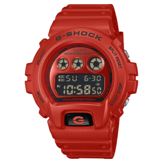 Red G-Shock DW6900RRB-4 digital watch with matching red bezel and band, black accents, and inverted LCD display.