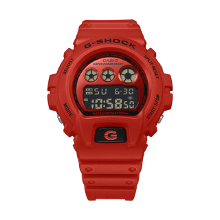 Red G-Shock DW6900RRB-4 digital watch with matching red bezel and band, black accents, and inverted LCD display.