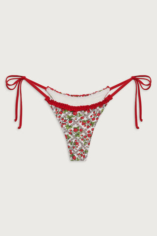 Frankies Bikinis Divine Bikini Bottom, strawberry print, skimpy, with adjustable ties and ruffle trim.
