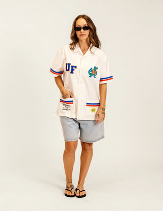  Duvin x Florida Gators Cabana Shirt in Off White with embroidered UF and Gator chest details, contrast paneling, camp collar, and dual patch pockets.