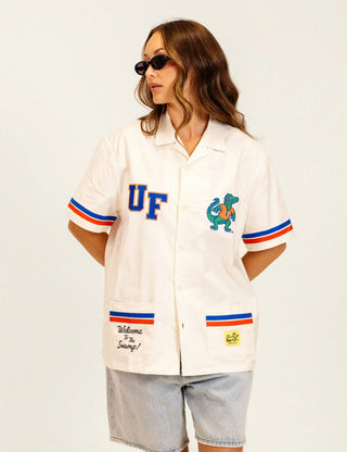  Duvin x Florida Gators Cabana Shirt in Off White with embroidered UF and Gator chest details, contrast paneling, camp collar, and dual patch pockets.