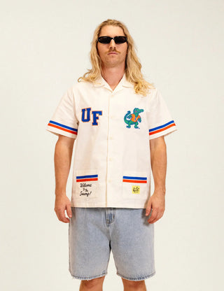  Duvin x Florida Gators Cabana Shirt in Off White with embroidered UF and Gator chest details, contrast paneling, camp collar, and dual patch pockets.