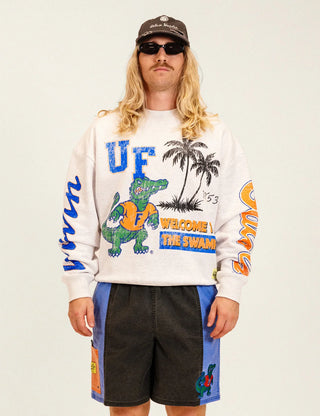 Duvin x Florida Gators Crew Fleece in Grey with UF lettering, Albert the Gator, palm trees, “Welcome to the Swamp” graphics, and sleeve lettering.