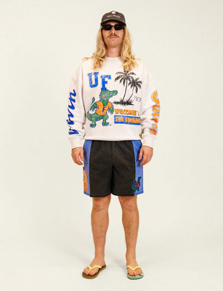 Duvin x Florida Gators Crew Fleece in Grey with UF lettering, Albert the Gator, palm trees, “Welcome to the Swamp” graphics, and sleeve lettering.