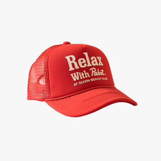 Duvin x PBR red foam trucker hat; collaboration with mesh front design.