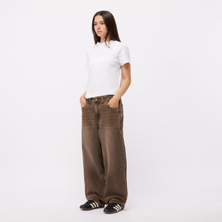 Dime sandblasted brown baggy denim pants with western front pockets, wavy back pockets, and embroidered accents.
