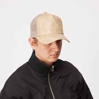 Dime Vortex Trucker Cap in Sand with debossed logo and snapback closure.