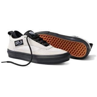 Vans Skate Safe Low Atiba in bone white and black with suede upper, PopCush cushioning, and DuraCap reinforcements.