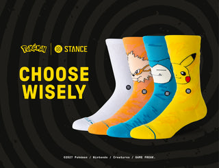 Stance Pokémon Trainer Box Set — 30th Anniversary 4-pack including Pikachu, Snorlax, and Arcanine crew socks plus an exclusive UV-reactive Poké Ball Crew with hidden Pokémon graphics visible in sunlight