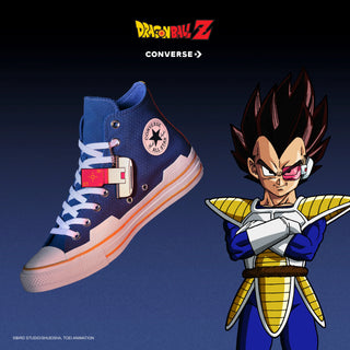 Converse Dragon Ball Z Chuck Taylor All Star HI Vegeta in Delft/High Risk Red/Yellow — textile upper with Scouter charm, Saiyan ankle patch, and cobranded details