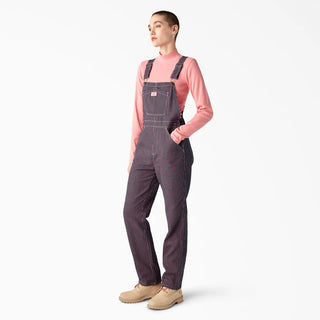 Women's Dickies hickory stripe bib overalls with adjustable straps and pockets.