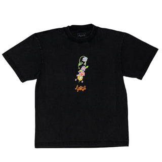 April Skateboards Flower Tee in vintage black with front print by Ema Gaspar, heavy cotton.