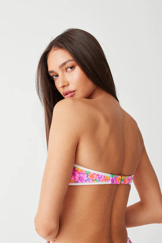 Neon floral bandeau bikini top with medium coverage and metal hook closure by Frankies Bikinis.