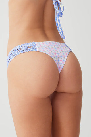 Cheeky low-rise bikini bottom in pastel plaid rose print with soft-knotted macrame sides by Frankies Bikinis.