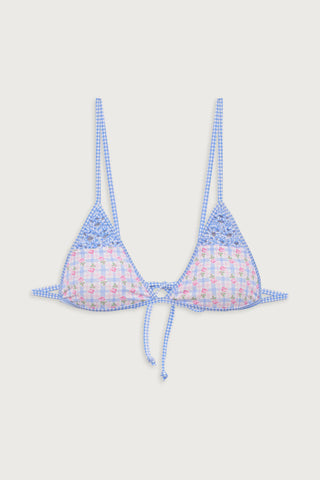 Frankies Bikinis Tanner Triangle Top in pastel plaid rose print with macrame details and checkered binding.