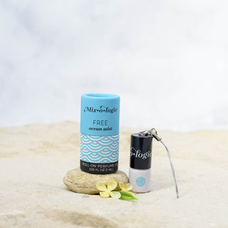 Free Ocean Mist 1 mL Mini Rollerball Perfume by Mixologie, with marine, peony, and sea moss notes.