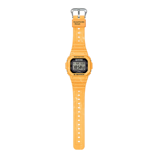Yellow digital watch with a silver buckle on a white background